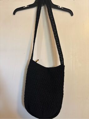 Black Crochet Shoulder Bag with Woven Strap